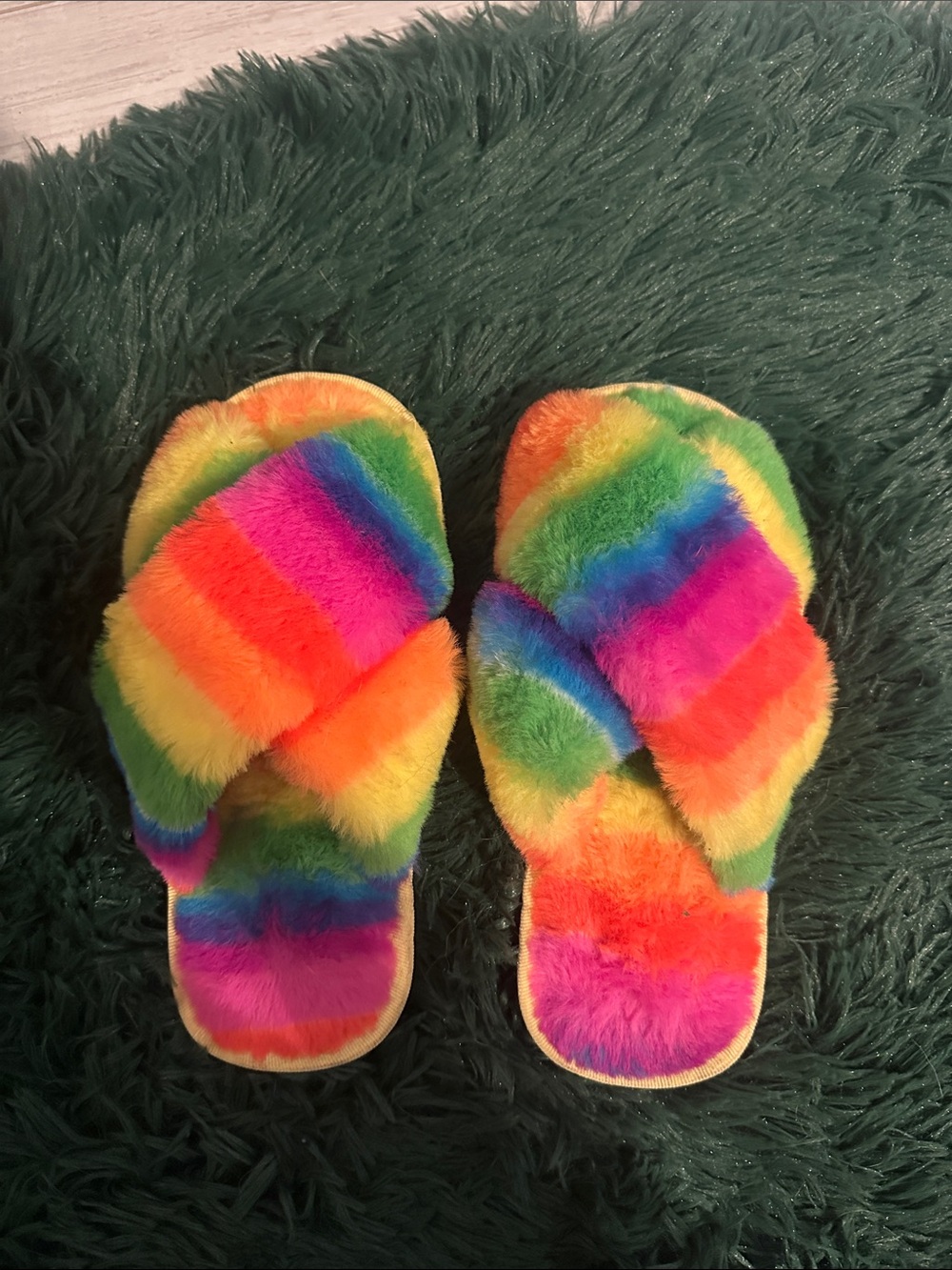 Plush Rainbow Fuzzy Slide Slippers for Kids Size 12 - 13